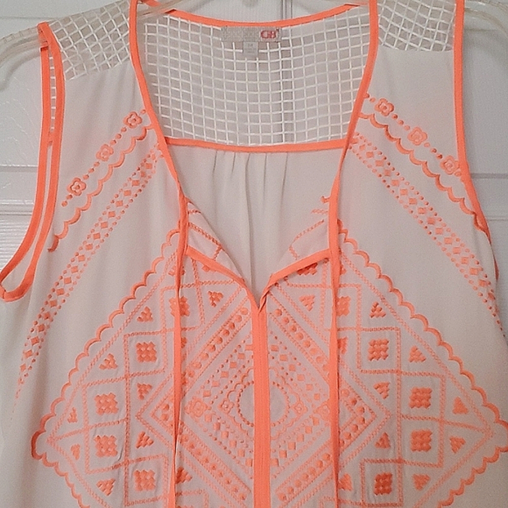 GB Embroidered sleeveless top, unique coral/orange design, Size M